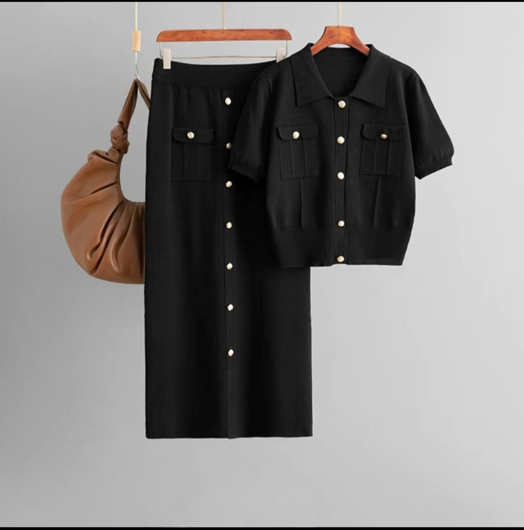 Elegant Knit Button-Front Top & Skirt Set