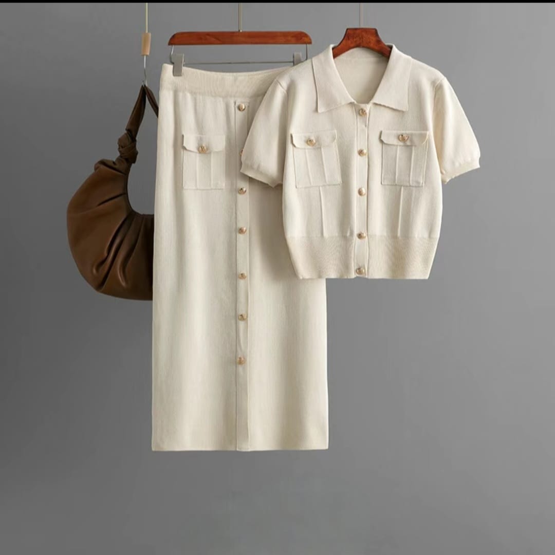 Elegant Knit Button-Front Top & Skirt Set