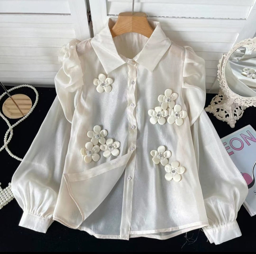 Shimmer Organza 3D Floral Button-Up tops