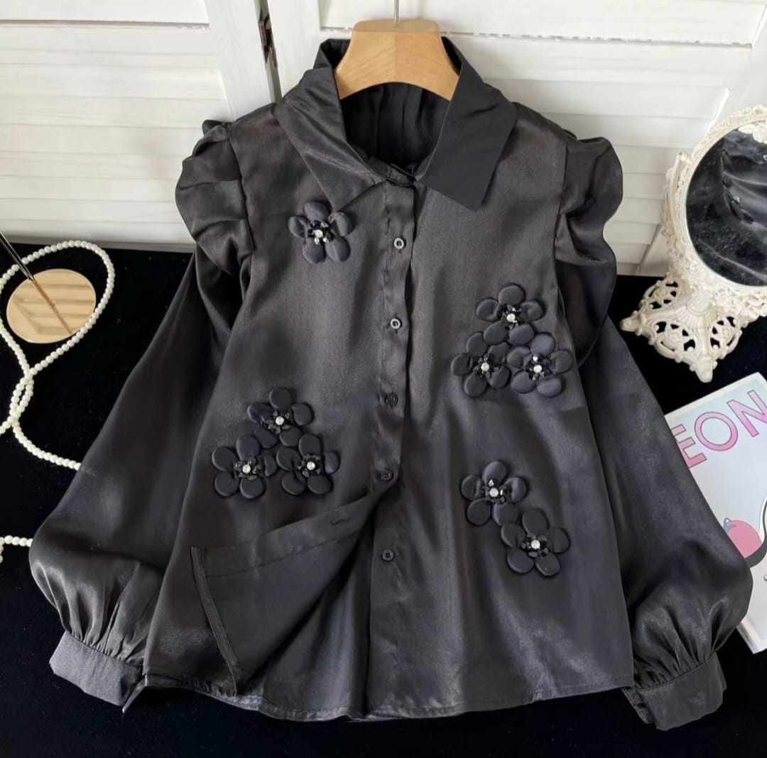 Shimmer Organza 3D Floral Button-Up tops
