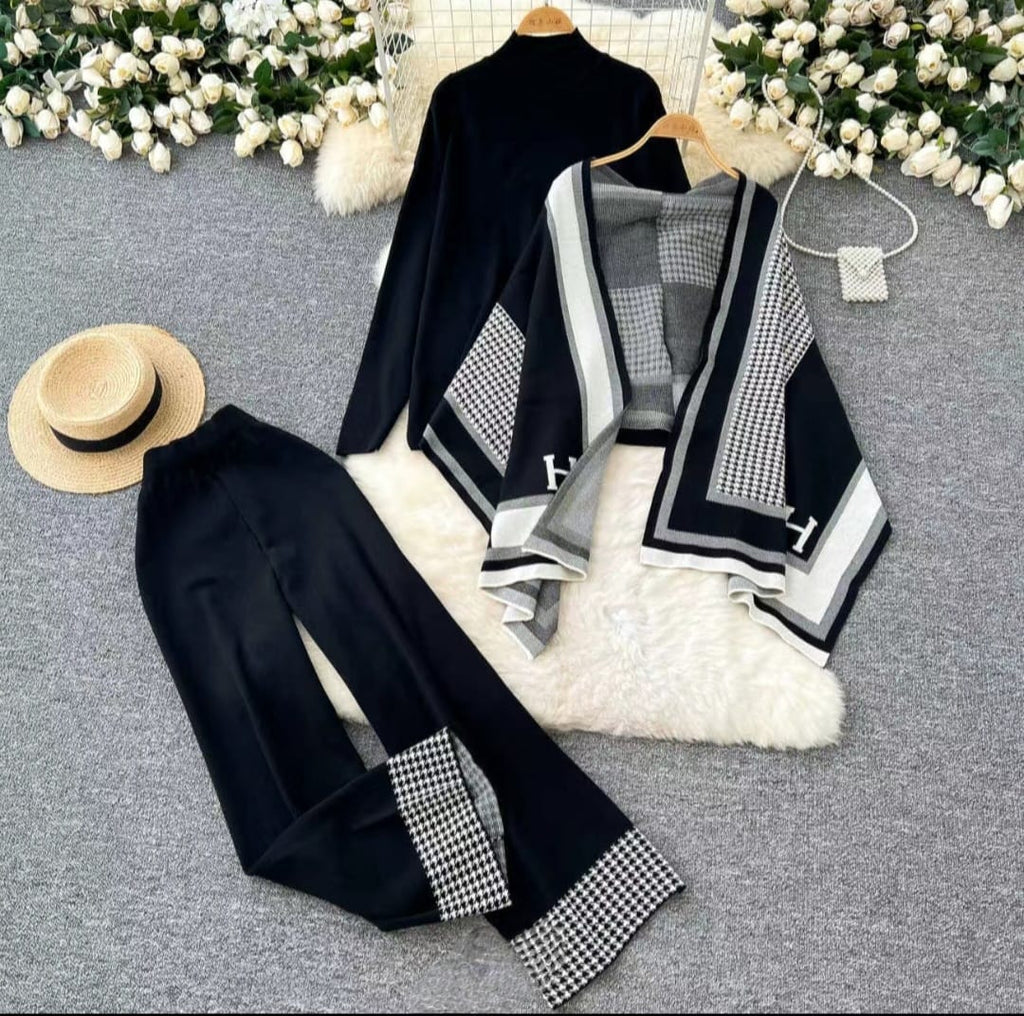 Houndstooth Accent Knit 3-Piece Co-ord Set – Versatile & Sophisticated